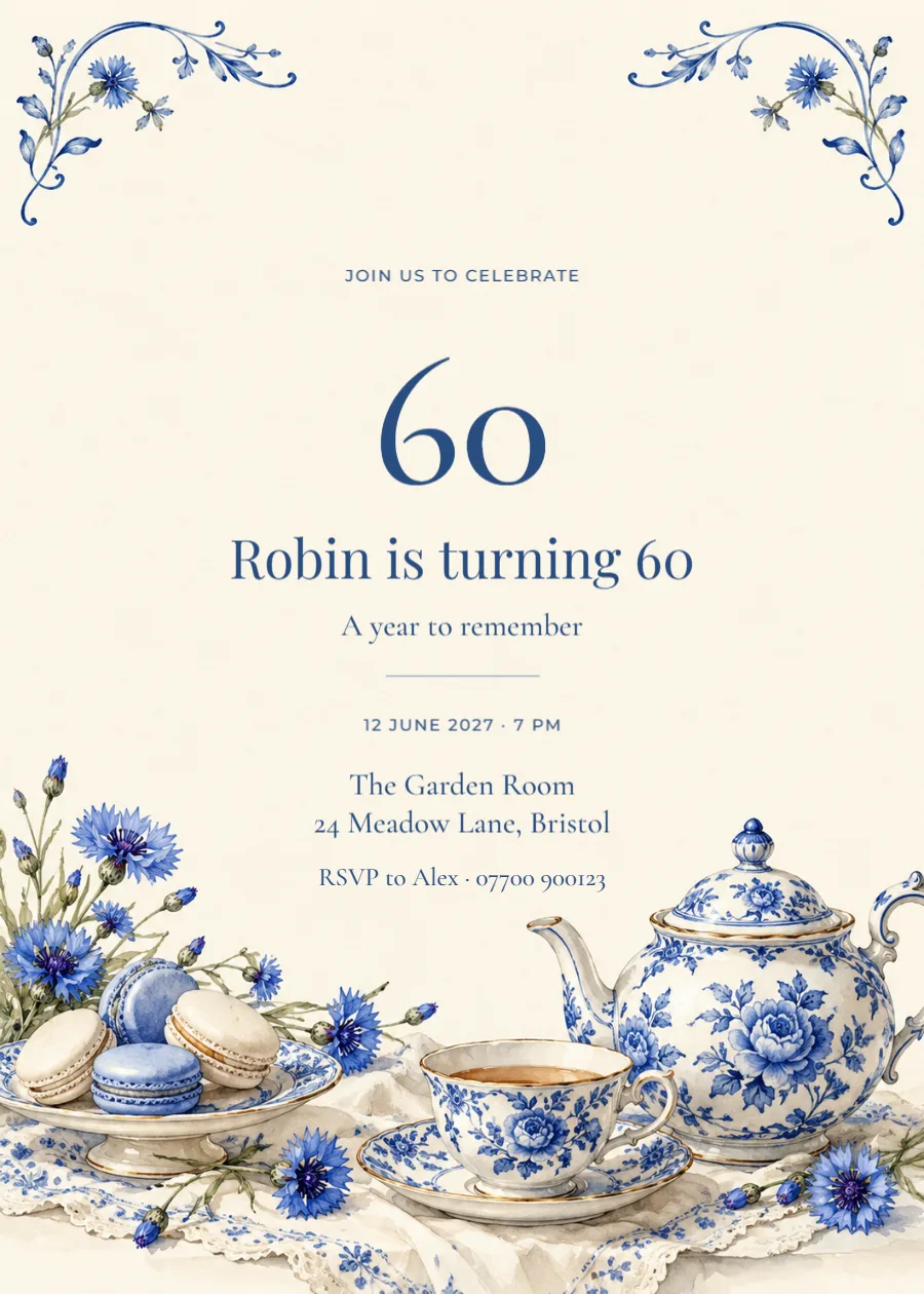 Porcelain tea – sixtieth birthday: printable design preview