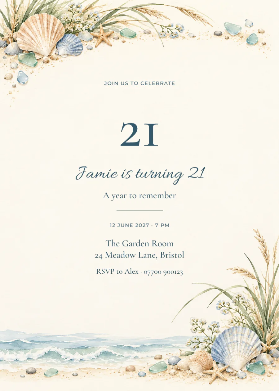 Shell shore – twenty-first birthday: printable design preview