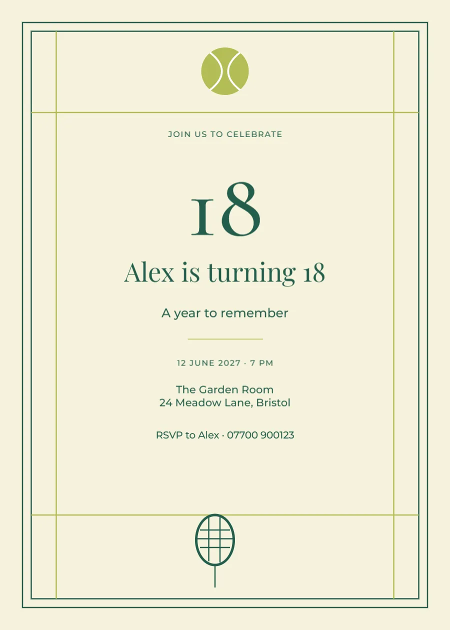 Tennis club – eighteenth birthday: printable design preview