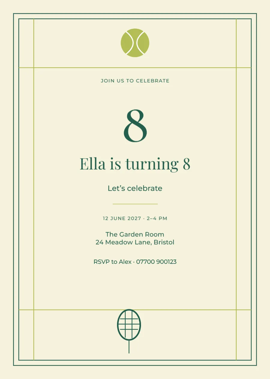 Tennis club – eighth birthday: printable design preview