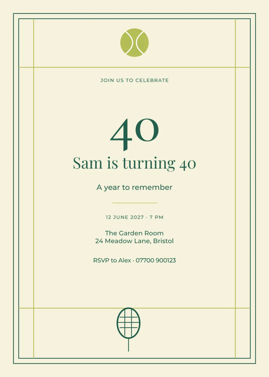 Tennis club – fortieth birthday: printable design preview