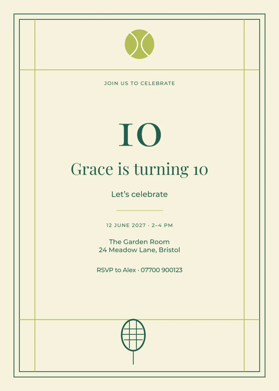 Tennis club – tenth birthday: printable design preview