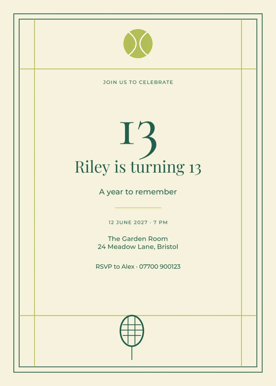 Tennis club – thirteenth birthday: printable design preview