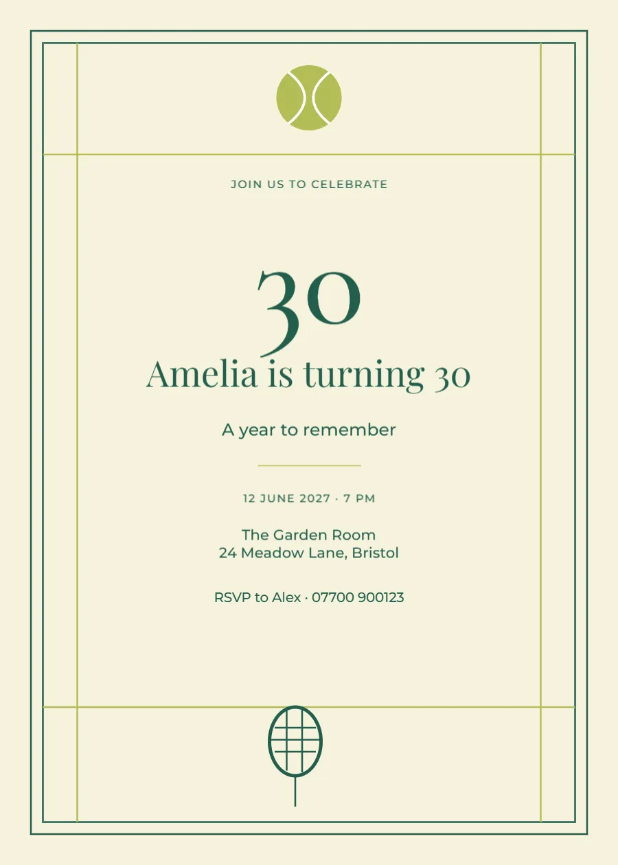 Tennis club – thirtieth birthday: printable design preview