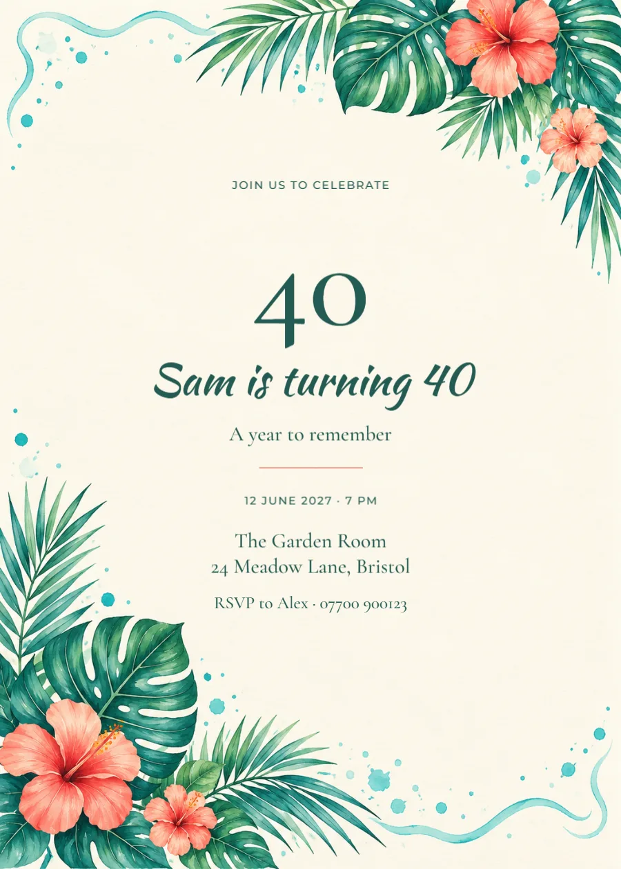 Tropical hibiscus – fortieth birthday: printable design preview