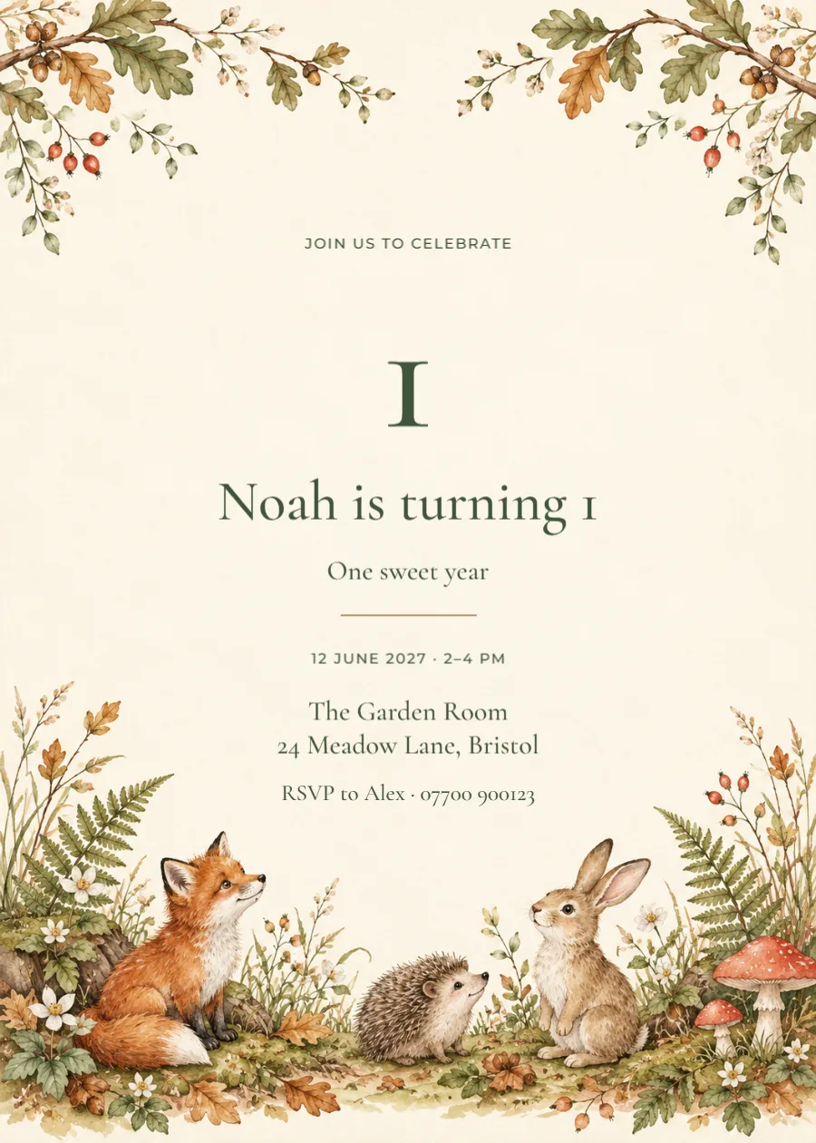 Woodland picnic – first birthday: printable design preview