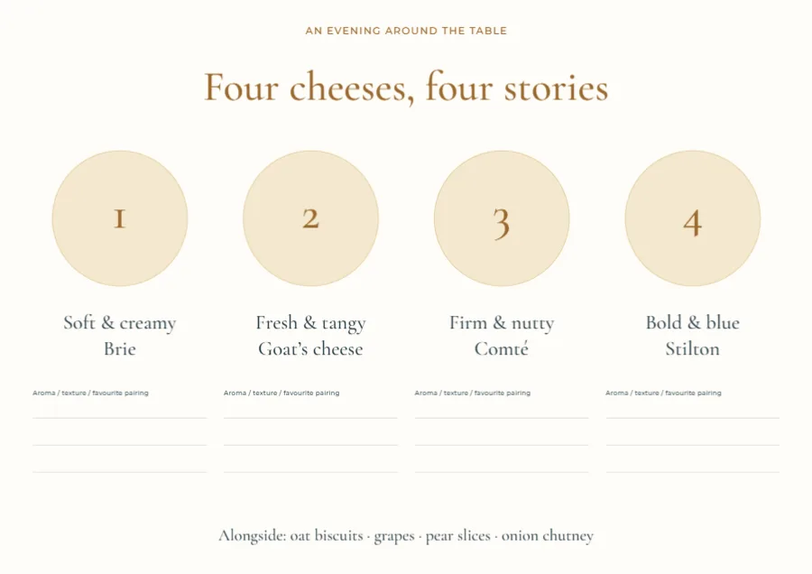Four cheeses, four stories – tasting menu: printable design preview