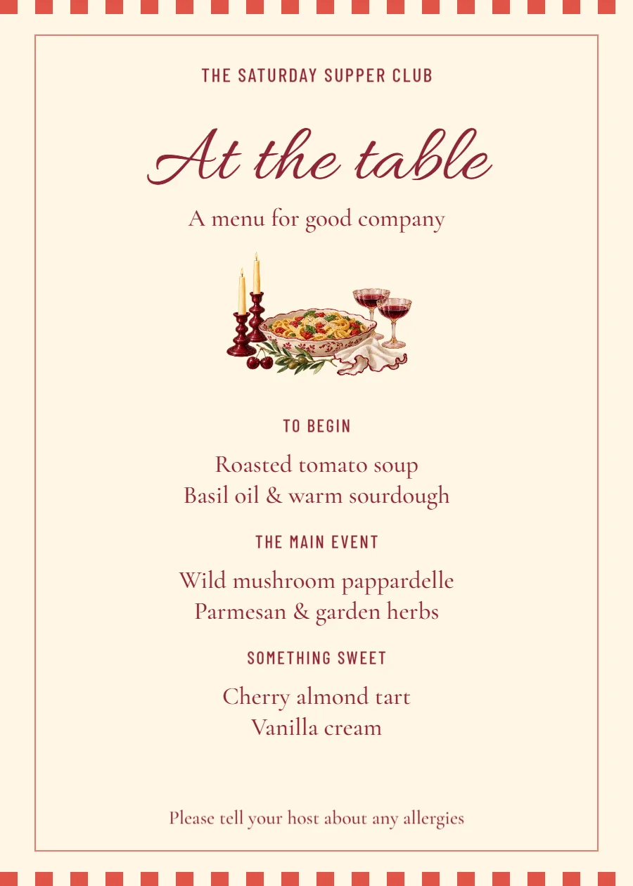 Cherry Bistro – three-course dinner menu: printable design preview