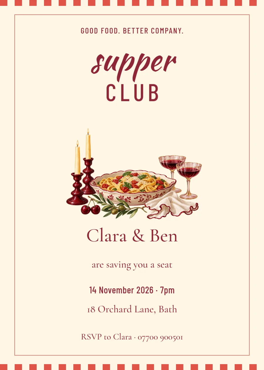 Cherry Bistro – supper club invitation: printable design preview