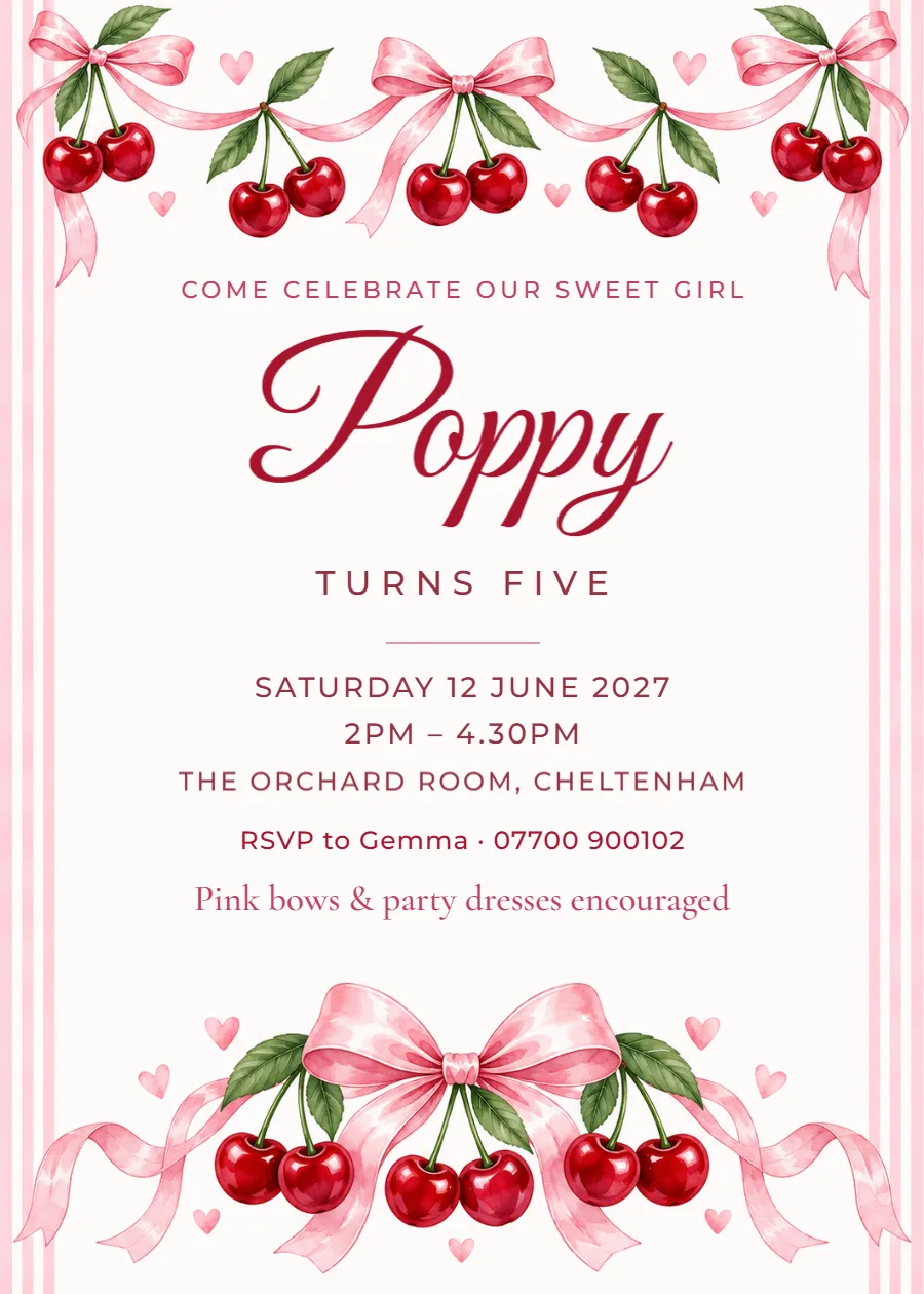 Cherry on top – girl’s birthday invitation: printable design preview