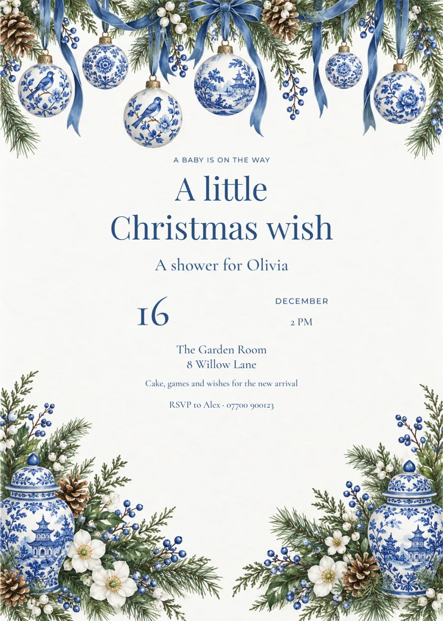 Blue porcelain – Christmas baby shower: printable design preview