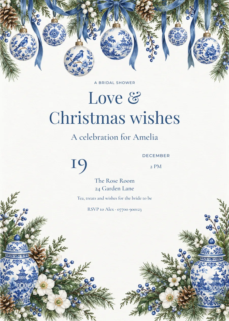 Blue porcelain – Christmas bridal shower: printable design preview