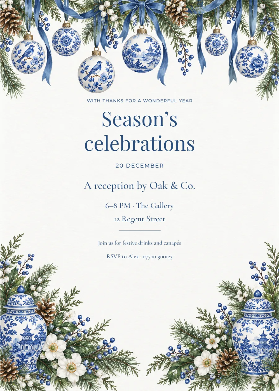 Blue porcelain – Christmas client reception: printable design preview