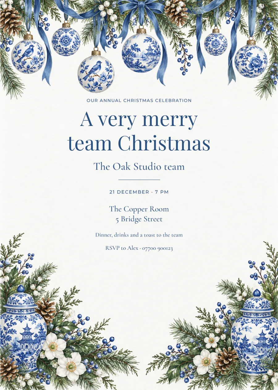 Blue porcelain – Office Christmas party: printable design preview
