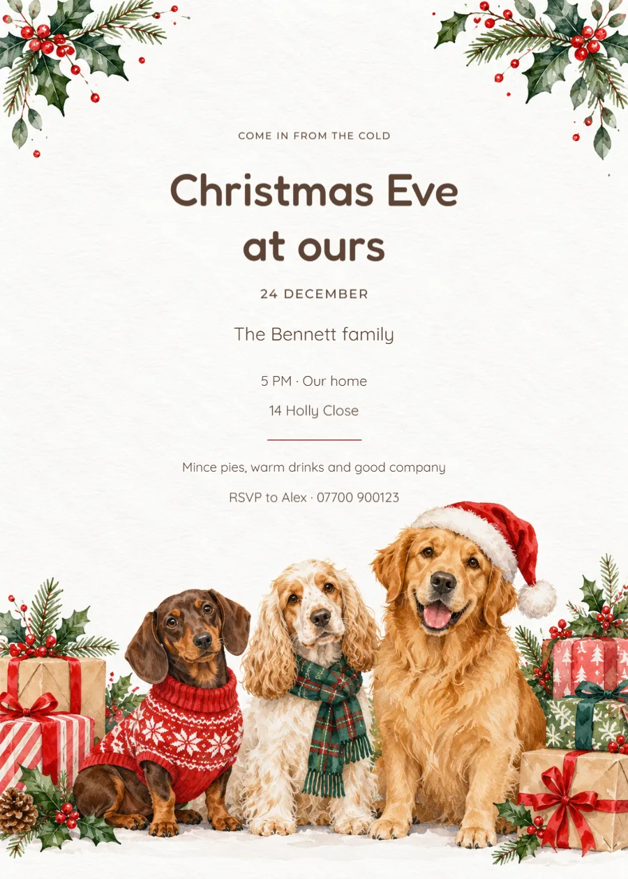 Festive dogs – Christmas Eve gathering: printable design preview