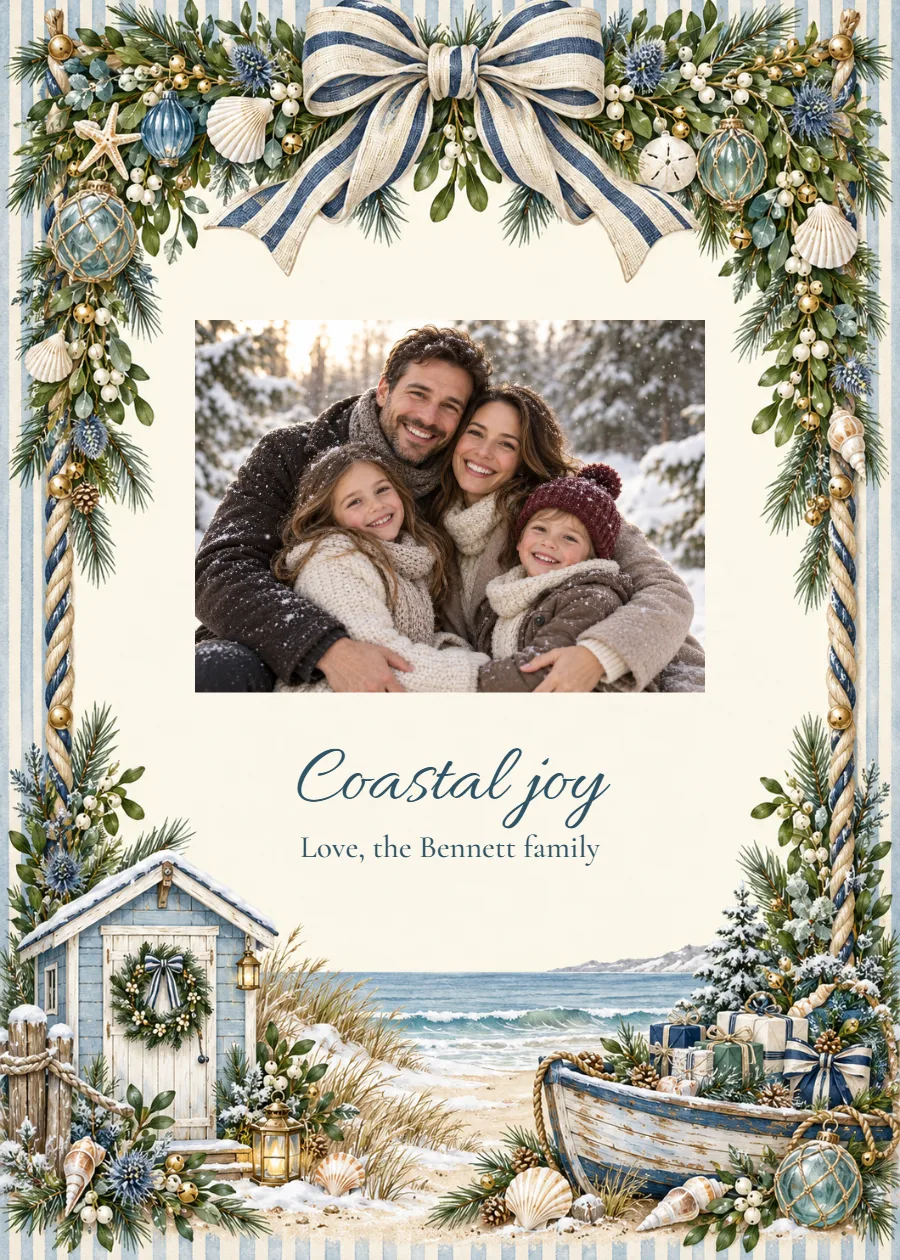 Coastal Noel – family photo Christmas card: printable design preview