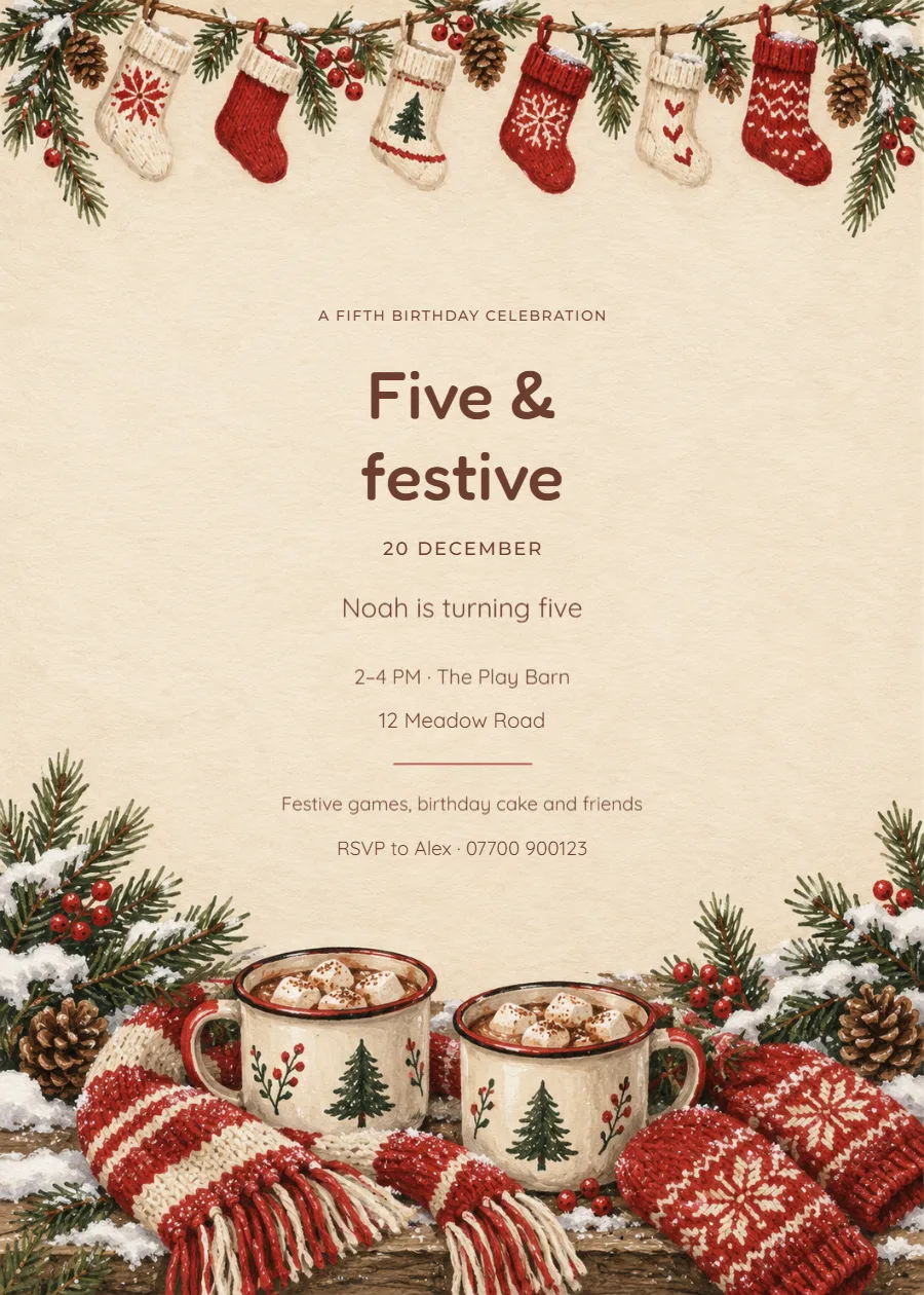 Cocoa and mittens – Christmas fifth birthday: printable design preview