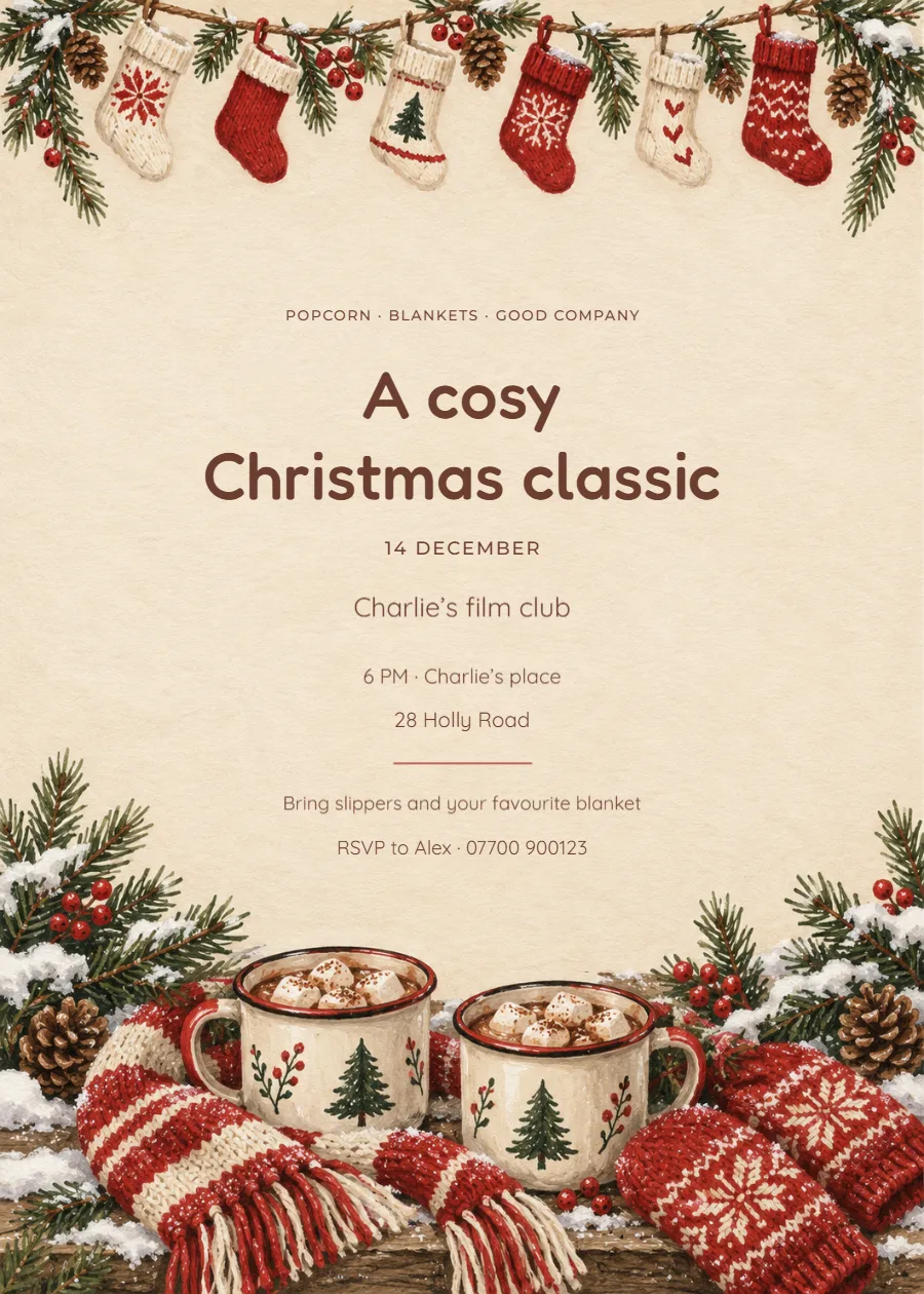 Cocoa and mittens – Christmas movie night: printable design preview