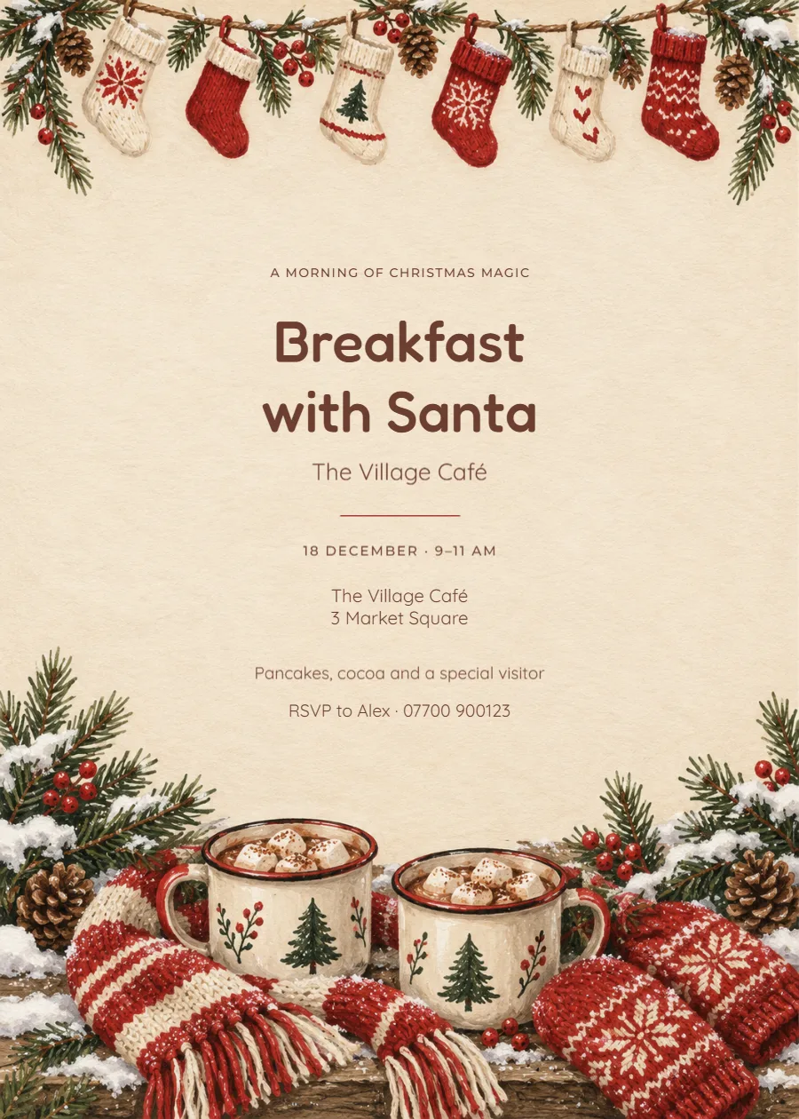 Cocoa and mittens – Breakfast with Santa: printable design preview
