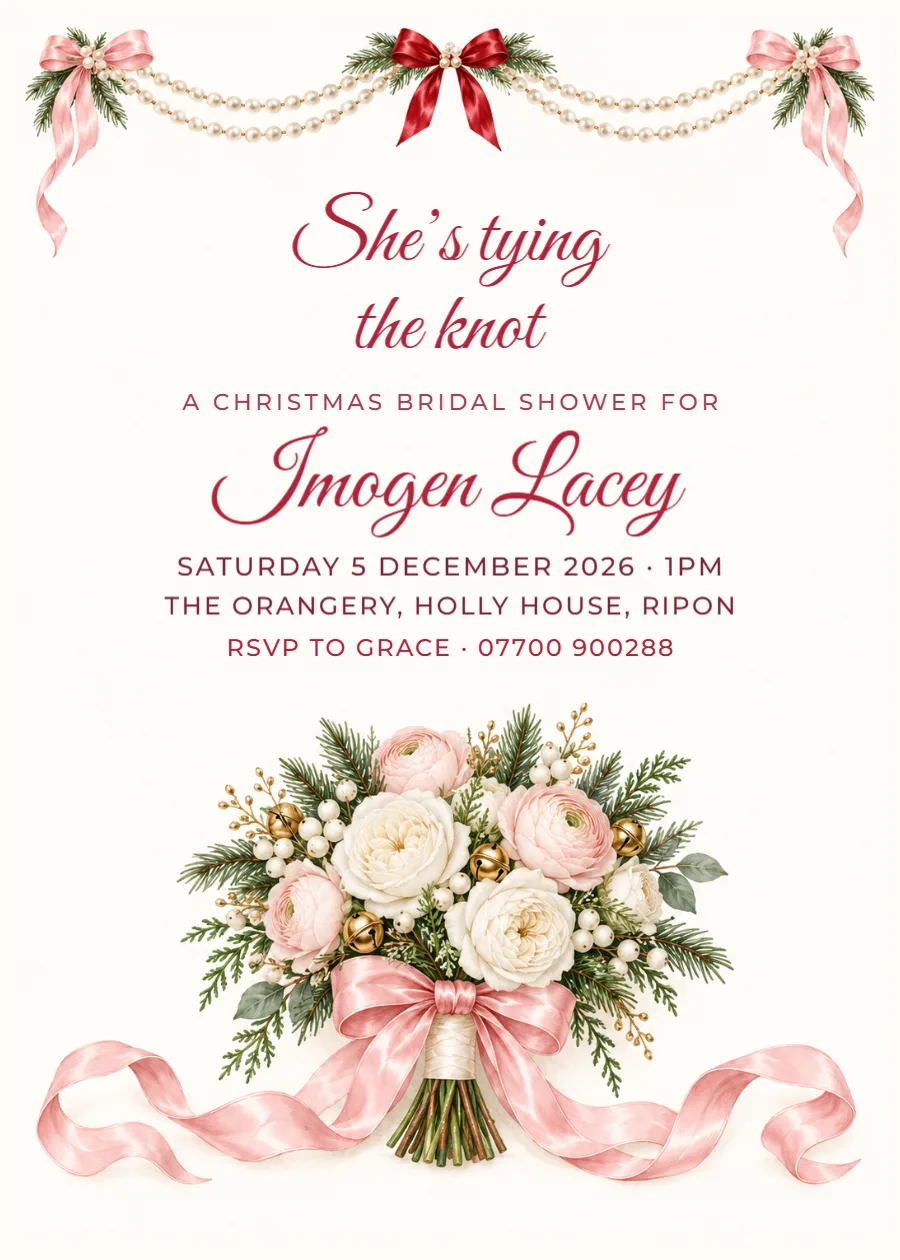 Coquette bows – Christmas bridal shower invitation: printable design preview