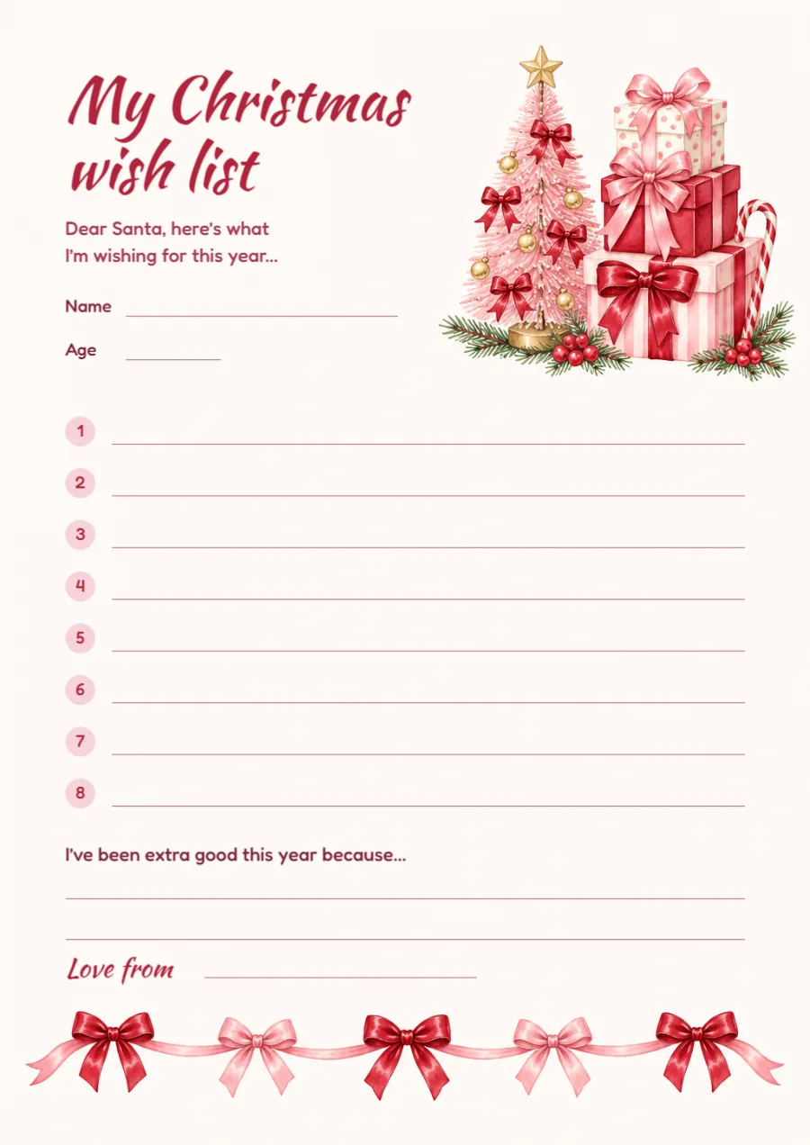Coquette bows – Christmas wish list: printable design preview