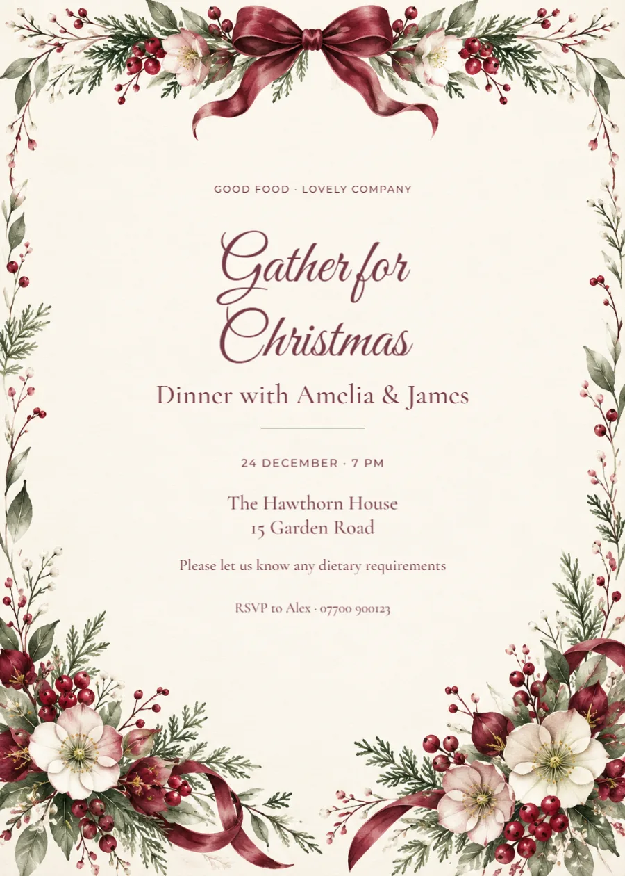 Cranberry silk – Christmas dinner invitation: printable design preview