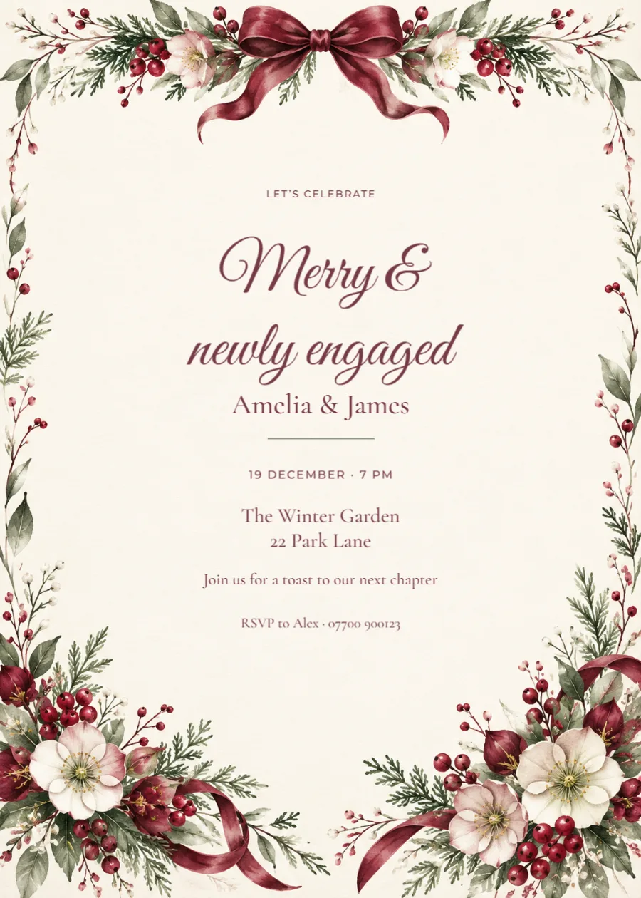 Cranberry silk – Christmas engagement party: printable design preview