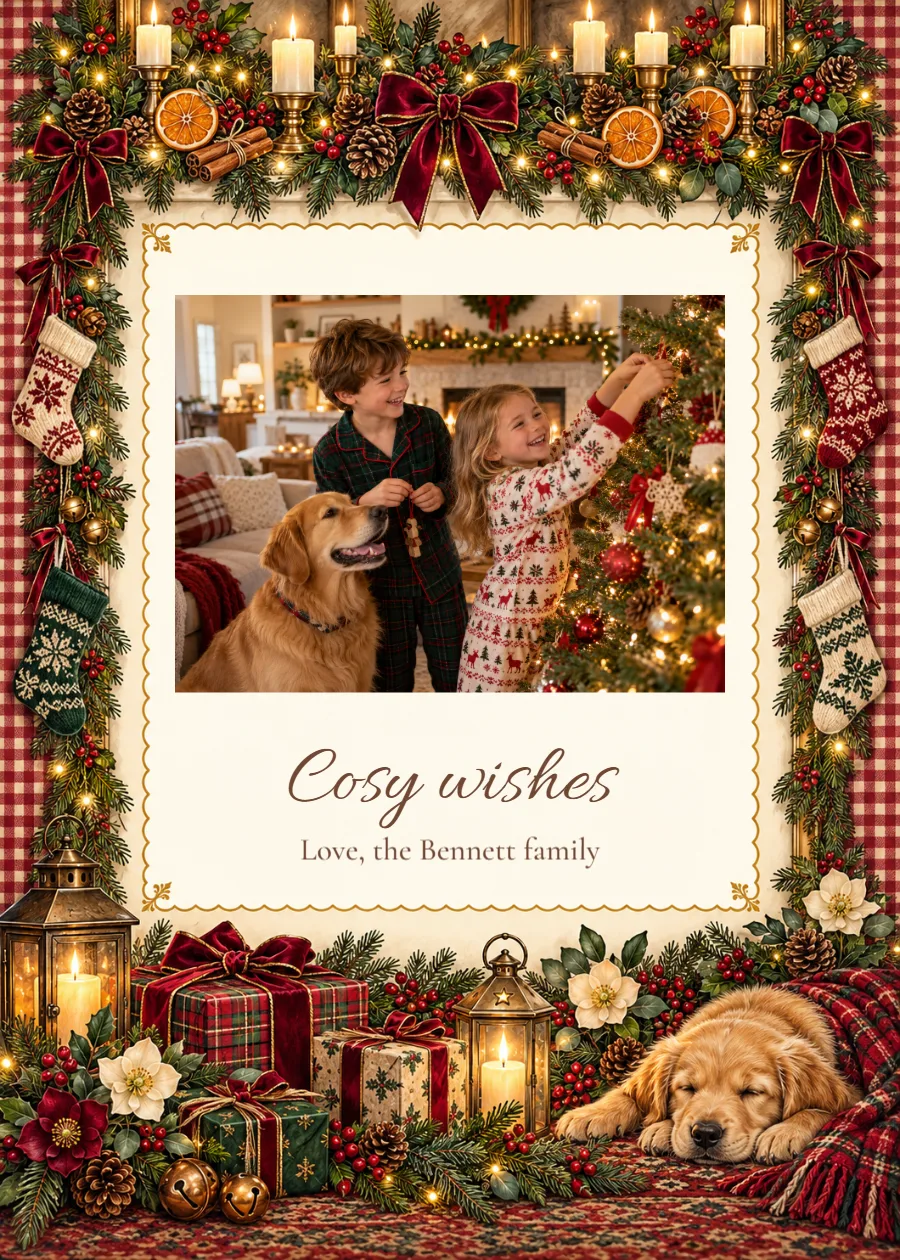 Fireside wishes – family photo Christmas card: printable design preview