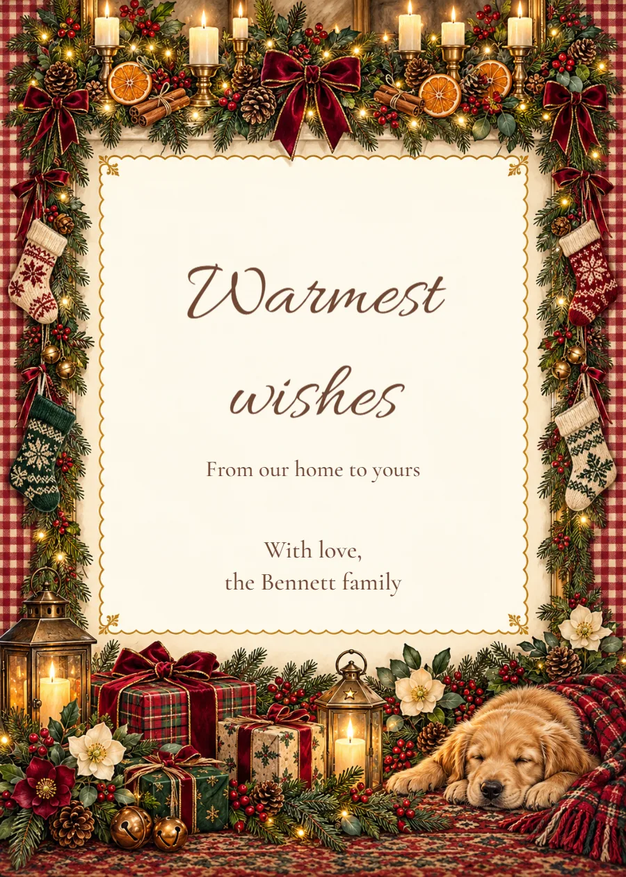 Fireside wishes – illustrated Christmas greeting: printable design preview