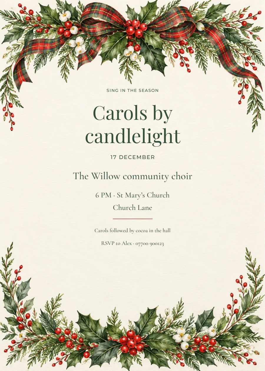 Holly and tartan – Christmas carol evening: printable design preview