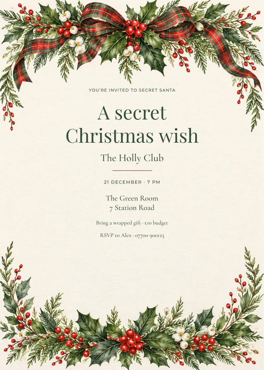Holly and tartan – Secret Santa party: printable design preview