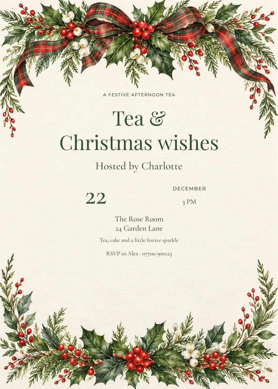 Holly and tartan – Christmas afternoon tea: printable design preview