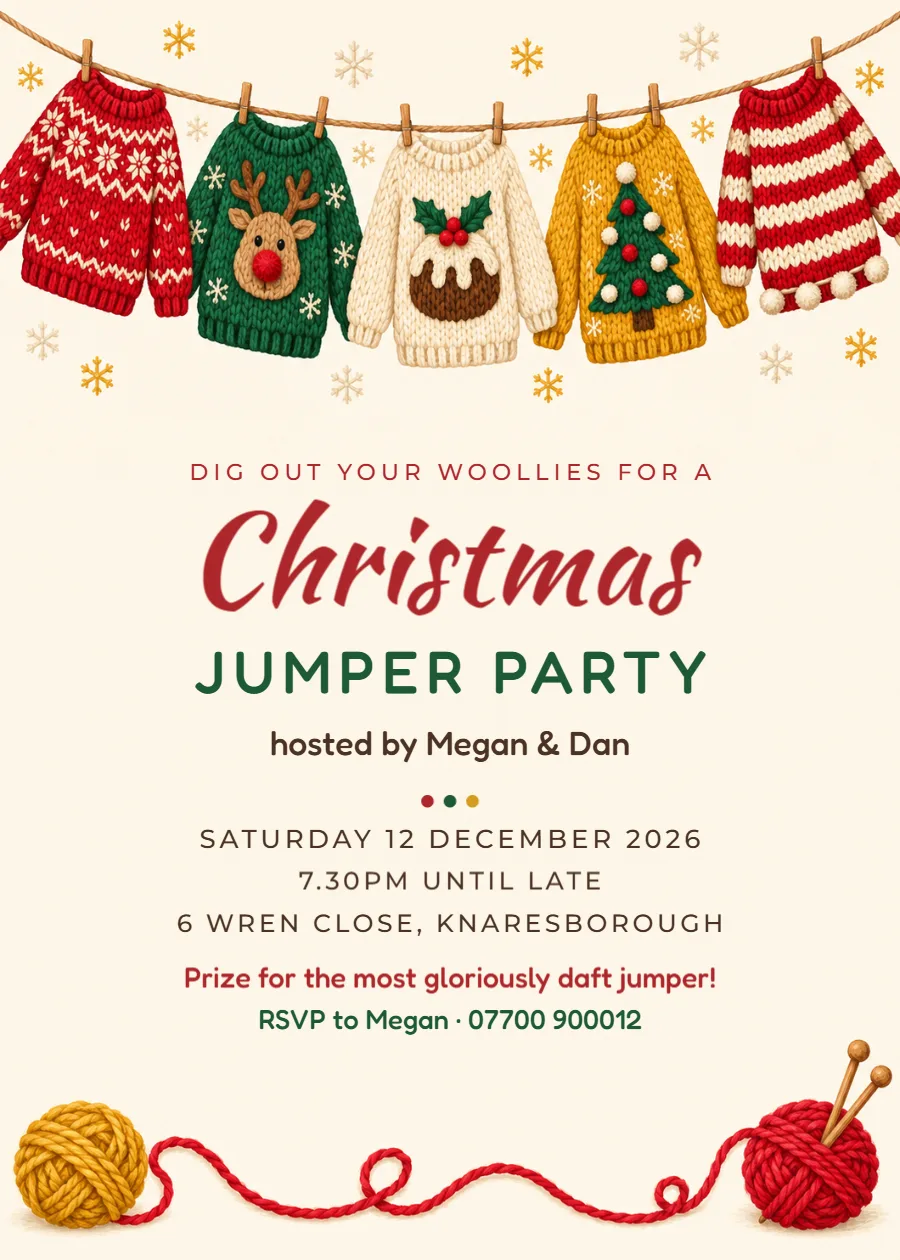 Washing line – Christmas jumper party invitation: printable design preview