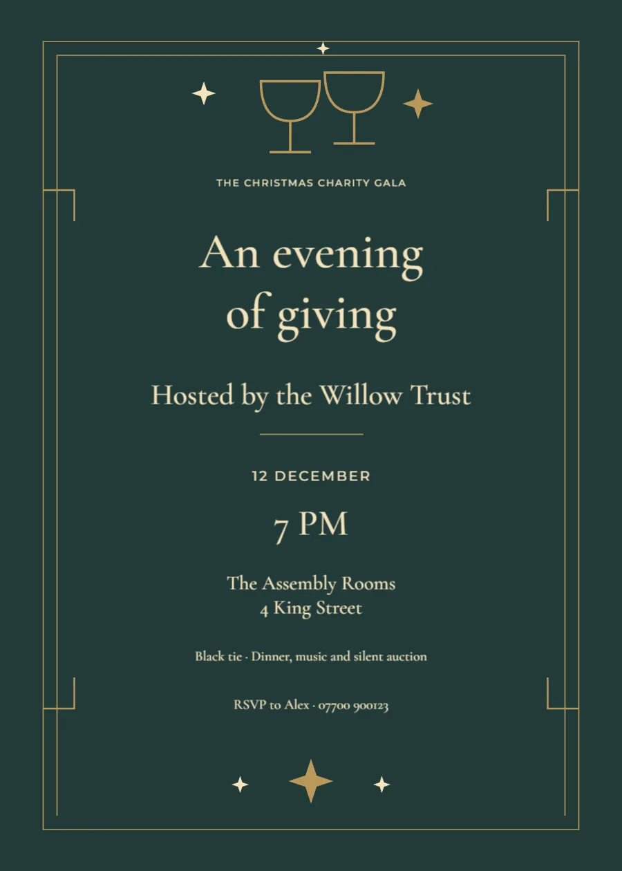 Midnight toast – Christmas charity gala: printable design preview