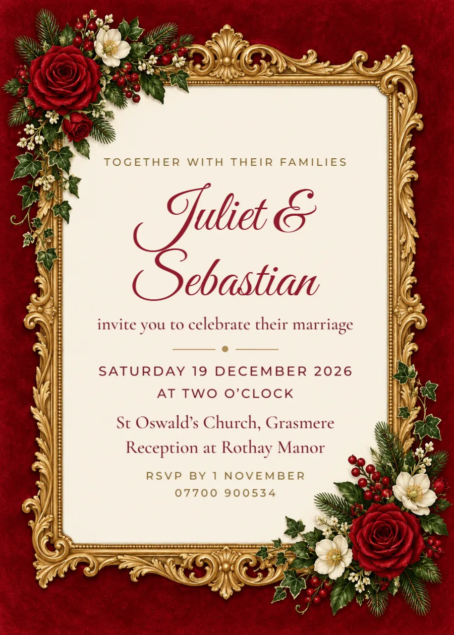 Opera velvet – Christmas wedding invitation: printable design preview