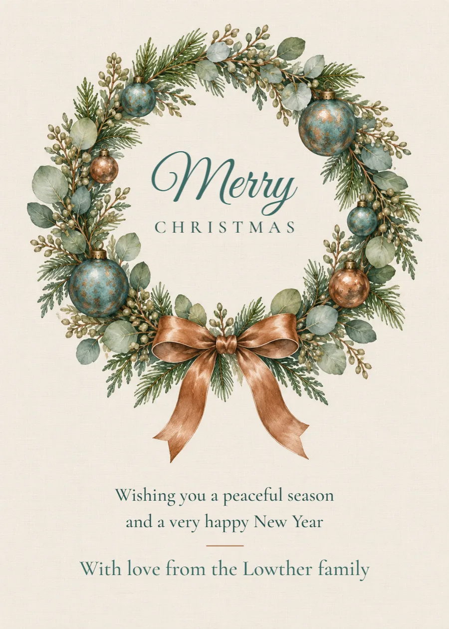 Patina & copper wreath – Christmas card: printable design preview