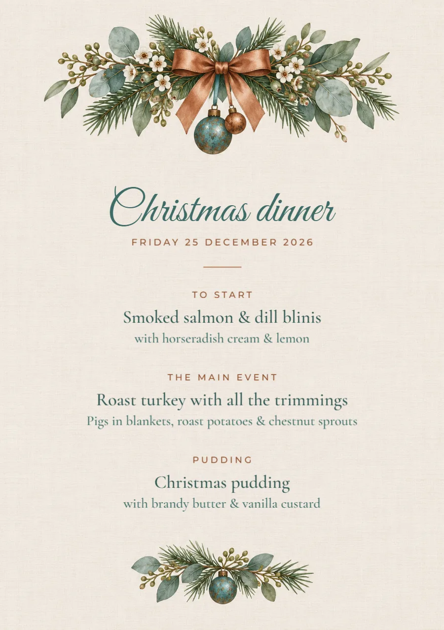 Patina & copper – Christmas dinner menu: printable design preview