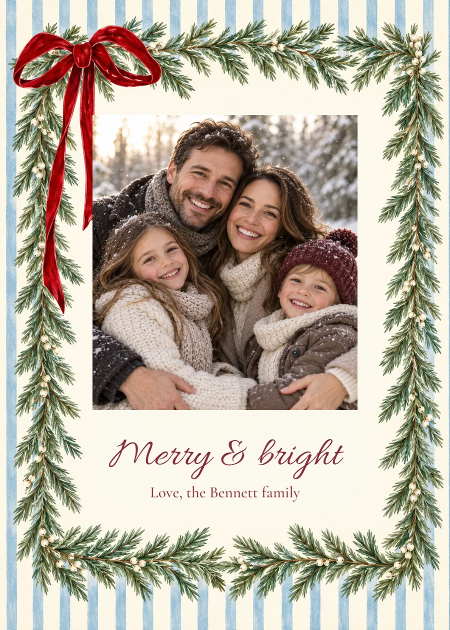 Velvet & pine – family photo Christmas card: printable design preview