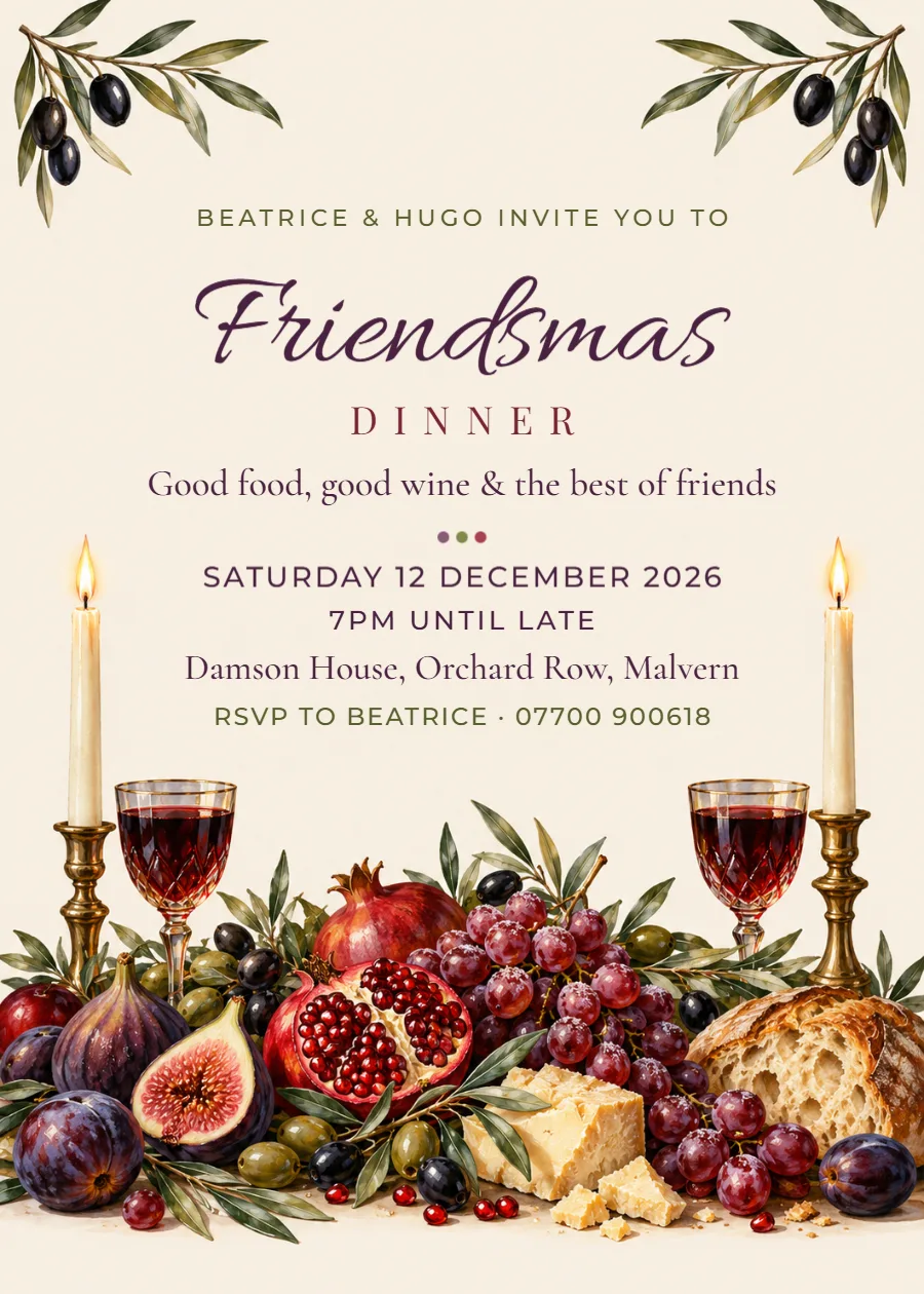Plum and olive – Friendsmas dinner invitation: printable design preview