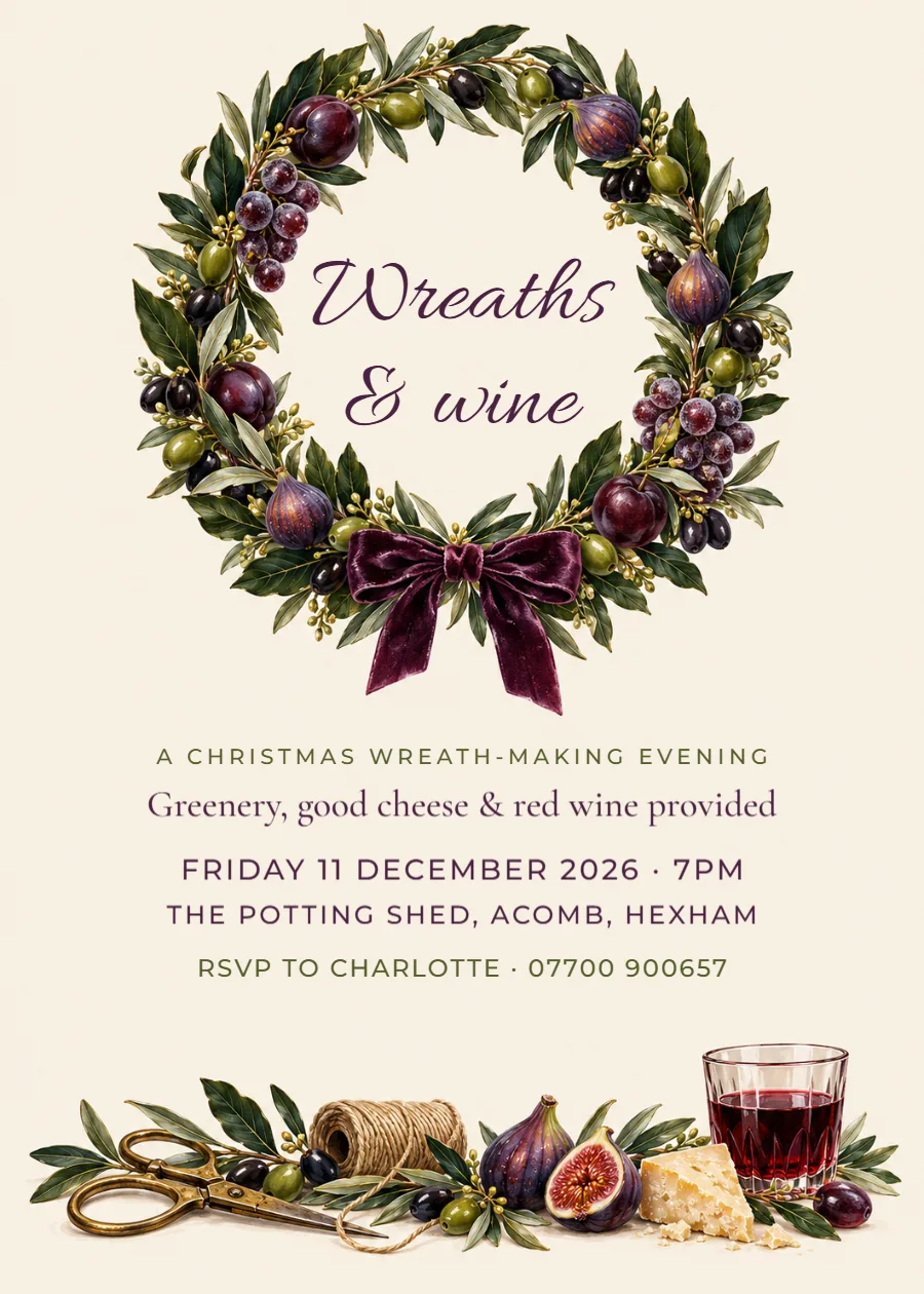 Plum and olive – wreath-making and wine invitation: printable design preview