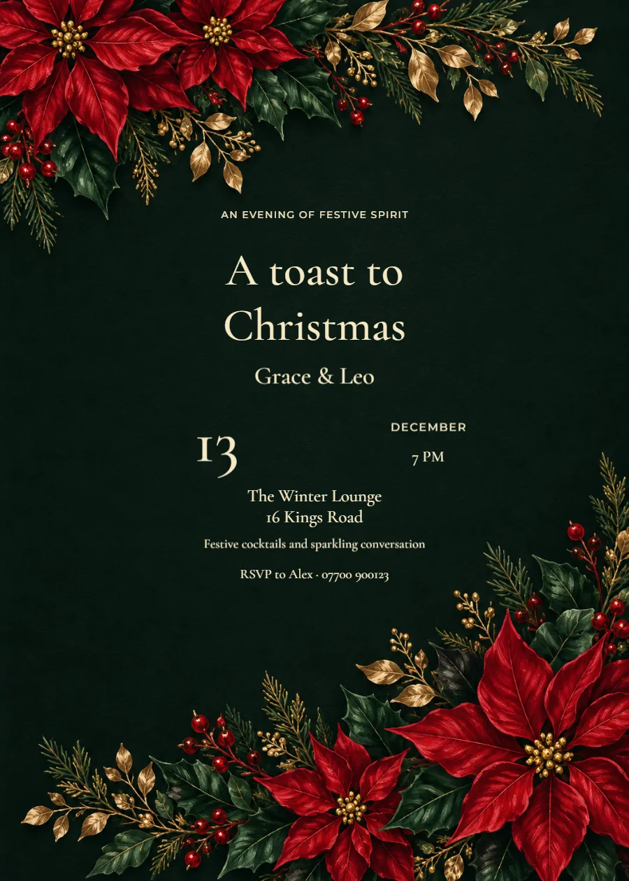 Midnight poinsettia – Christmas cocktail party: printable design preview