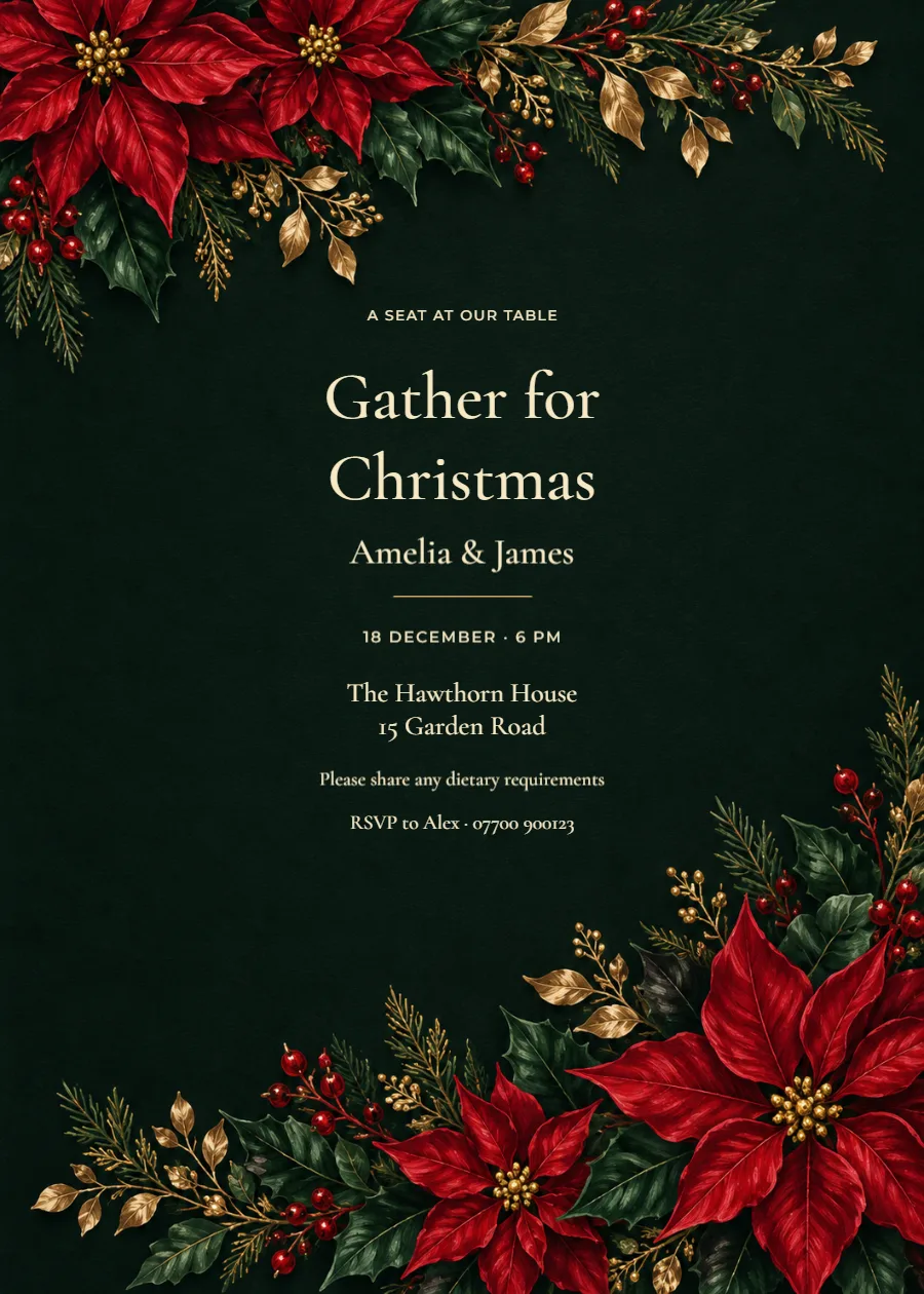 Midnight poinsettia – Christmas dinner: printable design preview