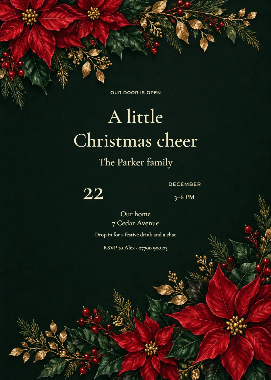 Midnight poinsettia – Christmas open house: printable design preview