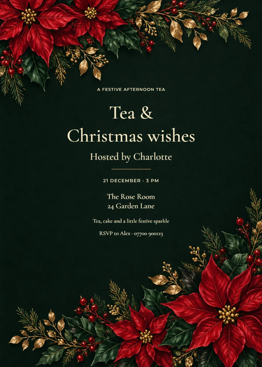 Midnight poinsettia – Christmas afternoon tea: printable design preview