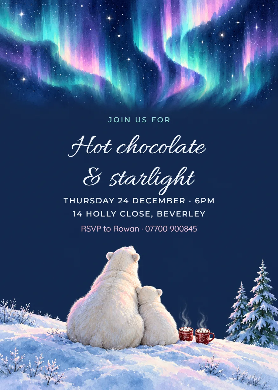 Polar bears – Christmas Eve hot chocolate invitation: printable design preview