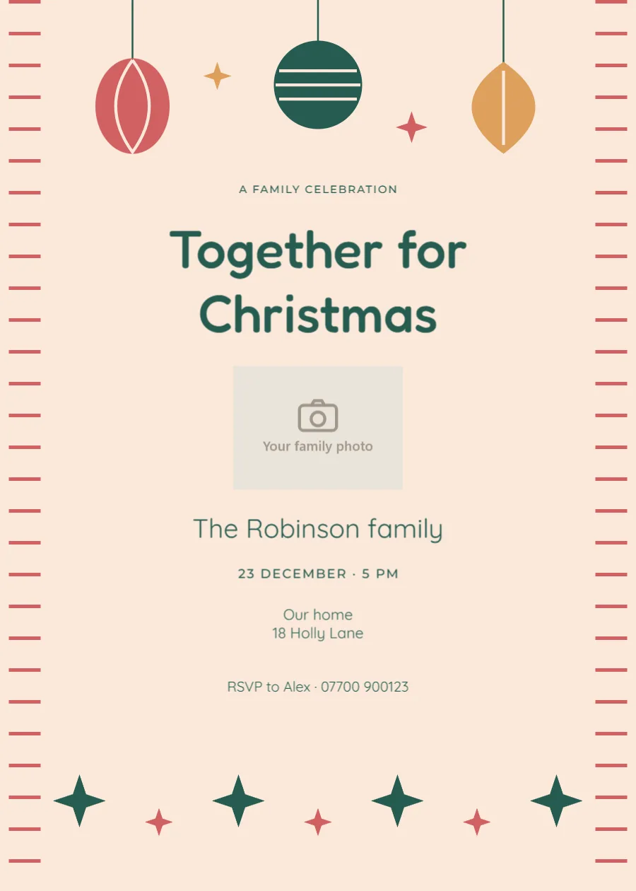 Retro bauble club – Christmas family photo invitation: printable design preview