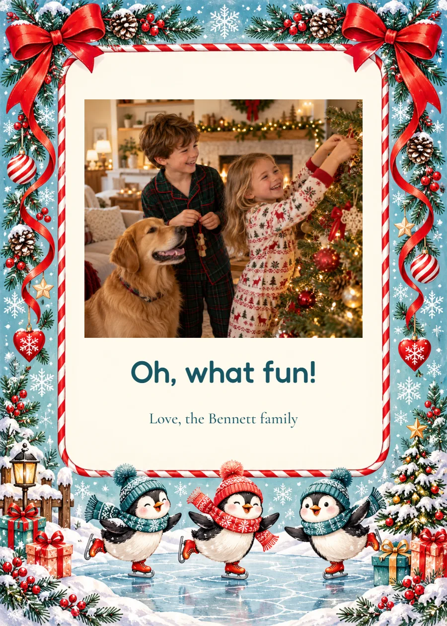Penguin wishes – family photo Christmas card: printable design preview