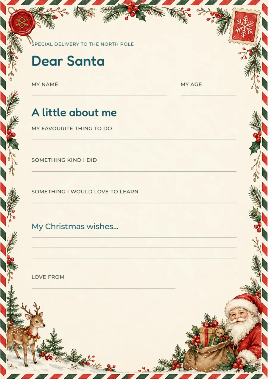 North Pole post – tell Santa about me: printable design preview