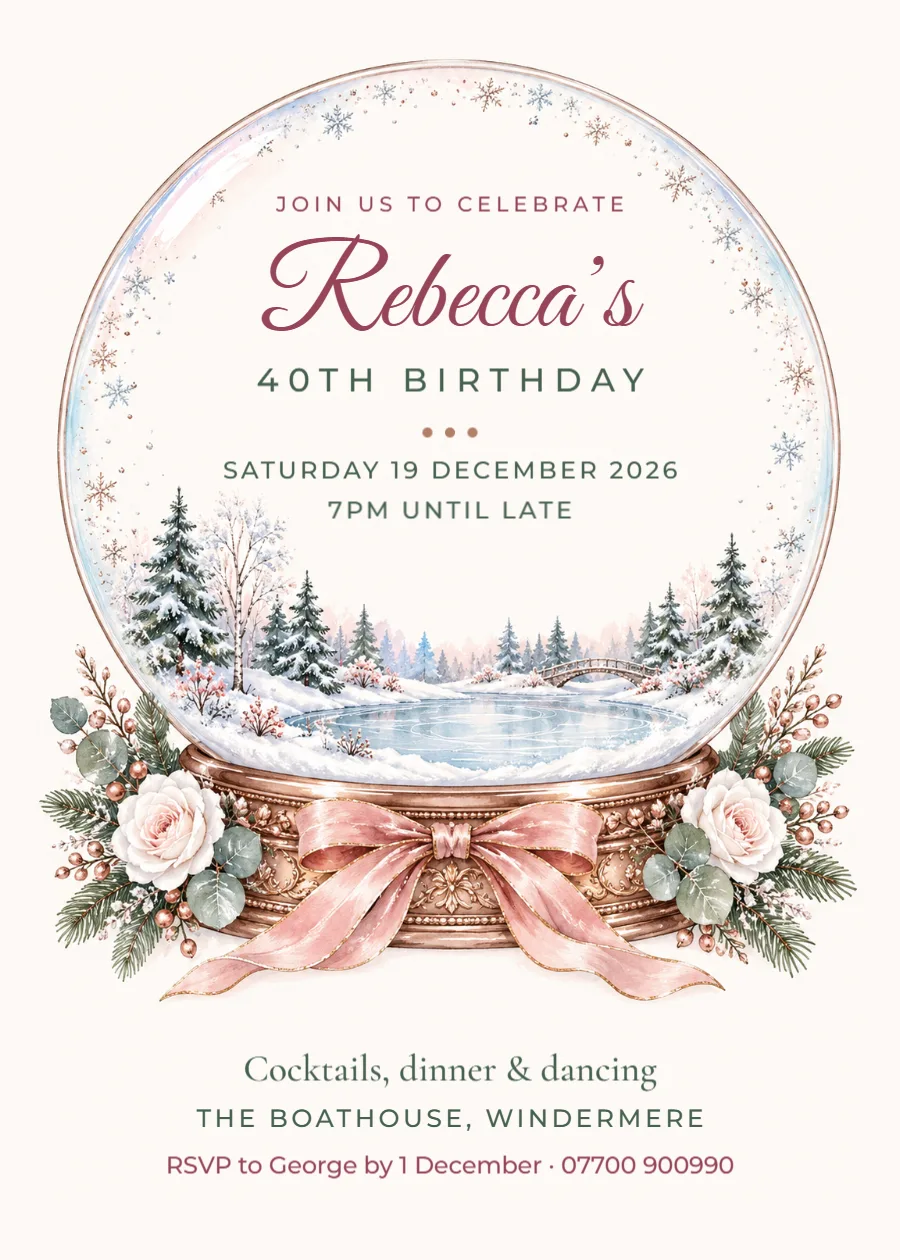 Snow globe – December birthday invitation: printable design preview