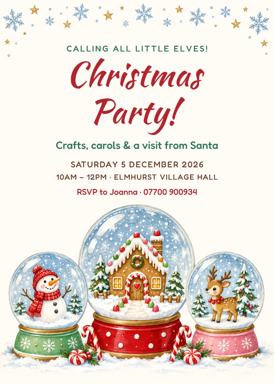 Snow globe – children’s Christmas party invitation: printable design preview